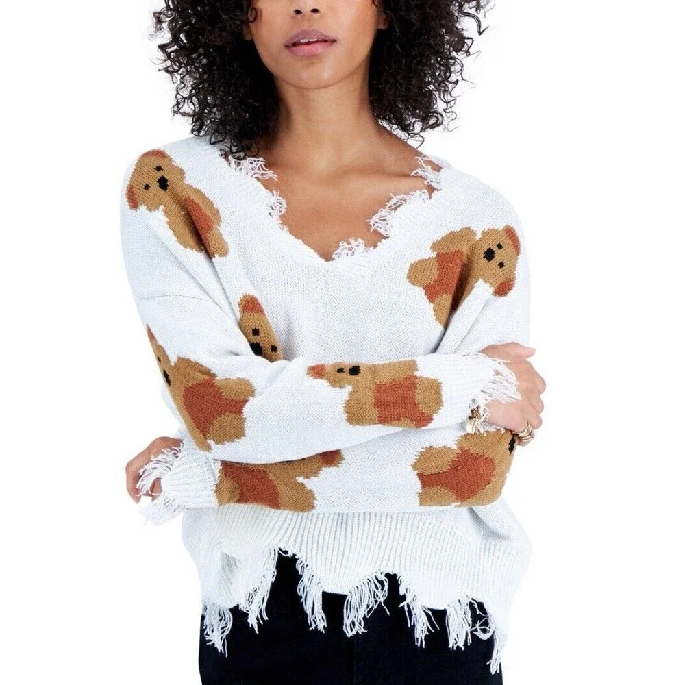 Just Polly NY Teddy Bear Sweater Women's Medium V-Neck Fray Frilly Knit - Picture 14 of 14